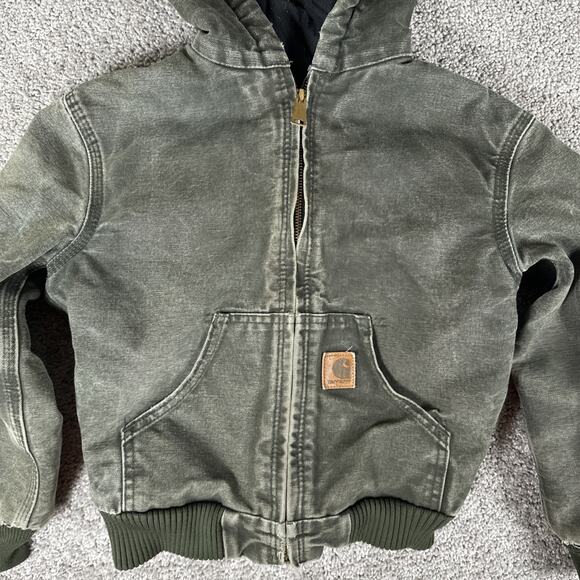 Carhartt YYJ130 MOS Jacket Youth Size 8 Faded Distressed Moss Green Quilt Lined - Picture 2 of 11